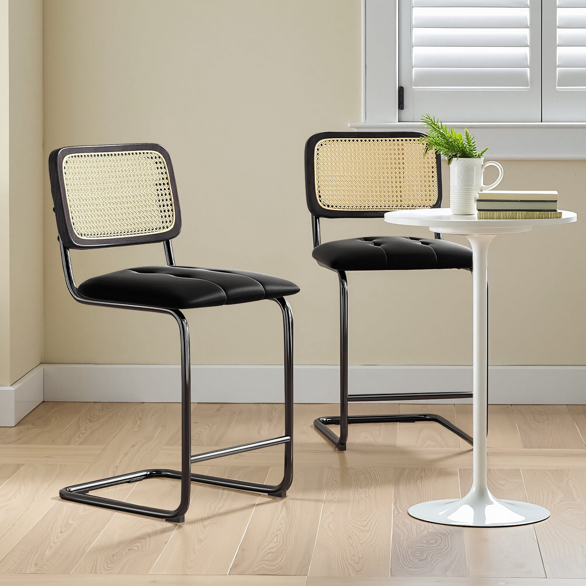 MAYEERTY 24" Black Counter Height Bar Stools Set of 2, PU Leather & Rattan Back, for Dining Areas