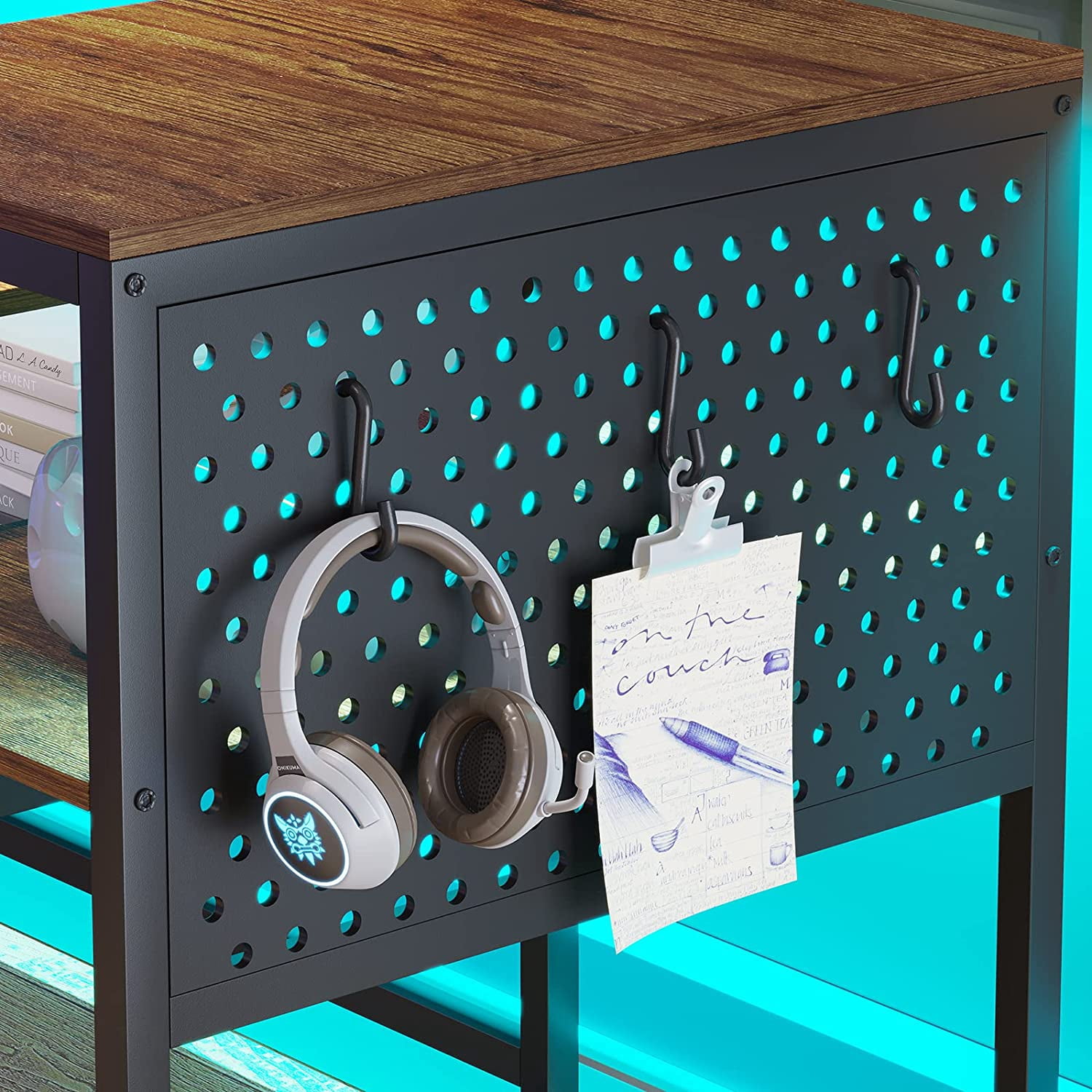 L-Shaped Desk with LED Strips & Charging Station, 2 Person Computer Desk with Storage Shelves & Monitor Stand, Rustic Brown