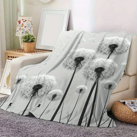 Dandelion Cluster Soft Flannel Throw Blanket Cozy & Warm Print Perfect for Couch Bed Office Travel Versatile All-Season Gift Light Gray with White Dandelions