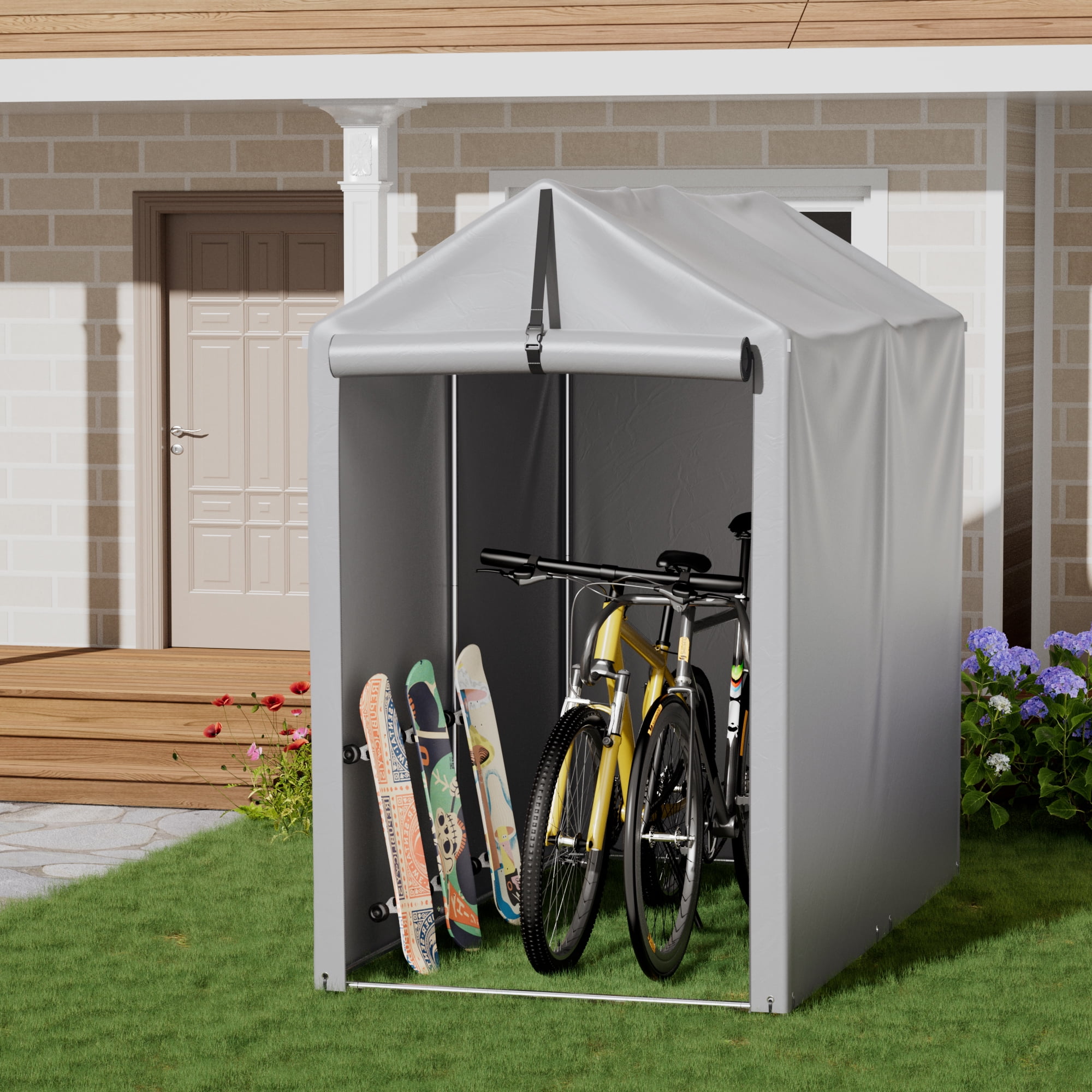Vineego 3x6x5 ft Outdoor Storage Shed Portable Garage Shelter, Outdoor Shed with Roll-up Zipper Door, Storage Shelter for Motorcycle, Lawn Mower, Bike, Anti-Snow Portable Garage Kit Tent, Grey
