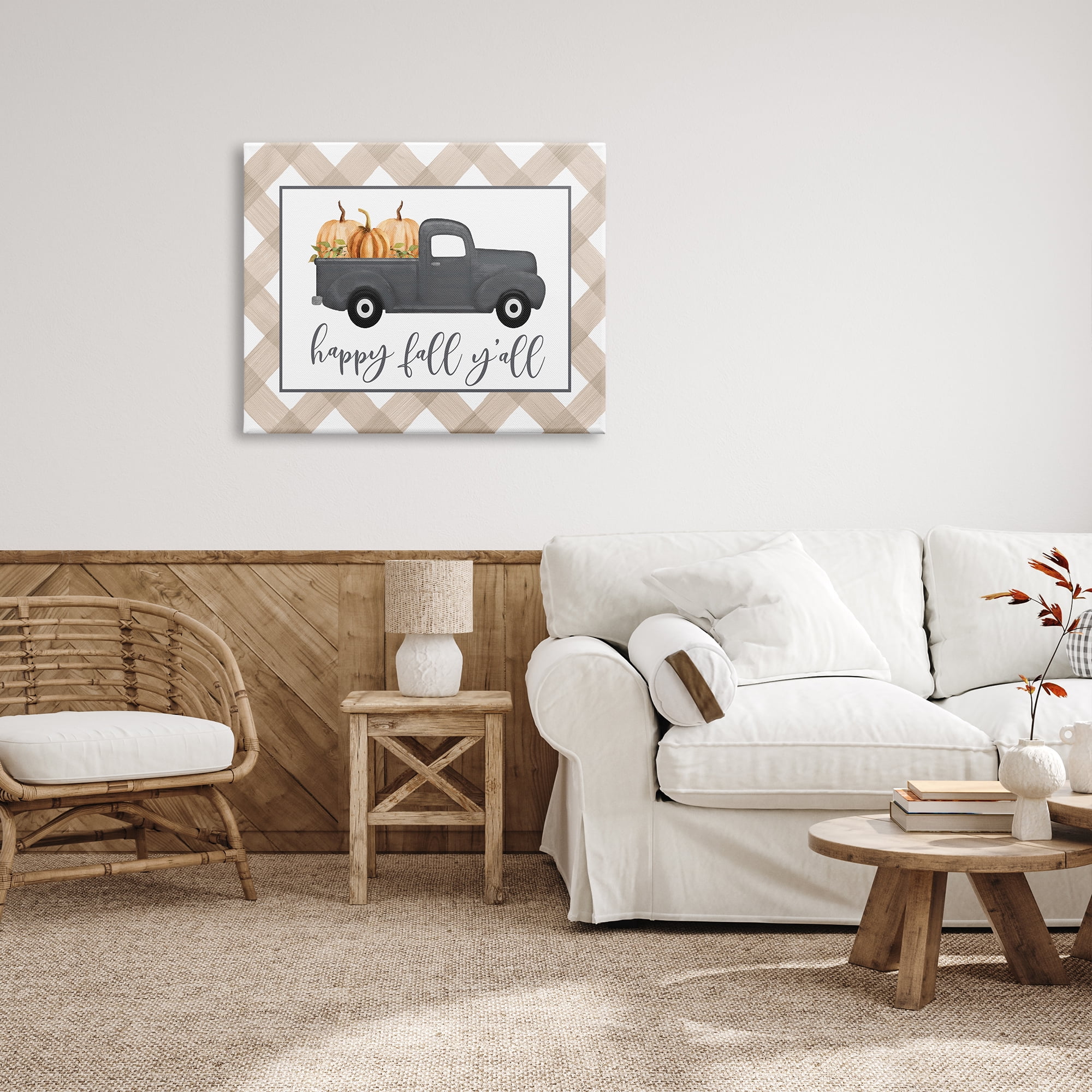 Stupell Industries Happy Fall Y'all Vintage Truck Carrying Pumpkins Graphic Art Gallery Wrapped Canvas Print Wall Art, Design by Lettered and Lined