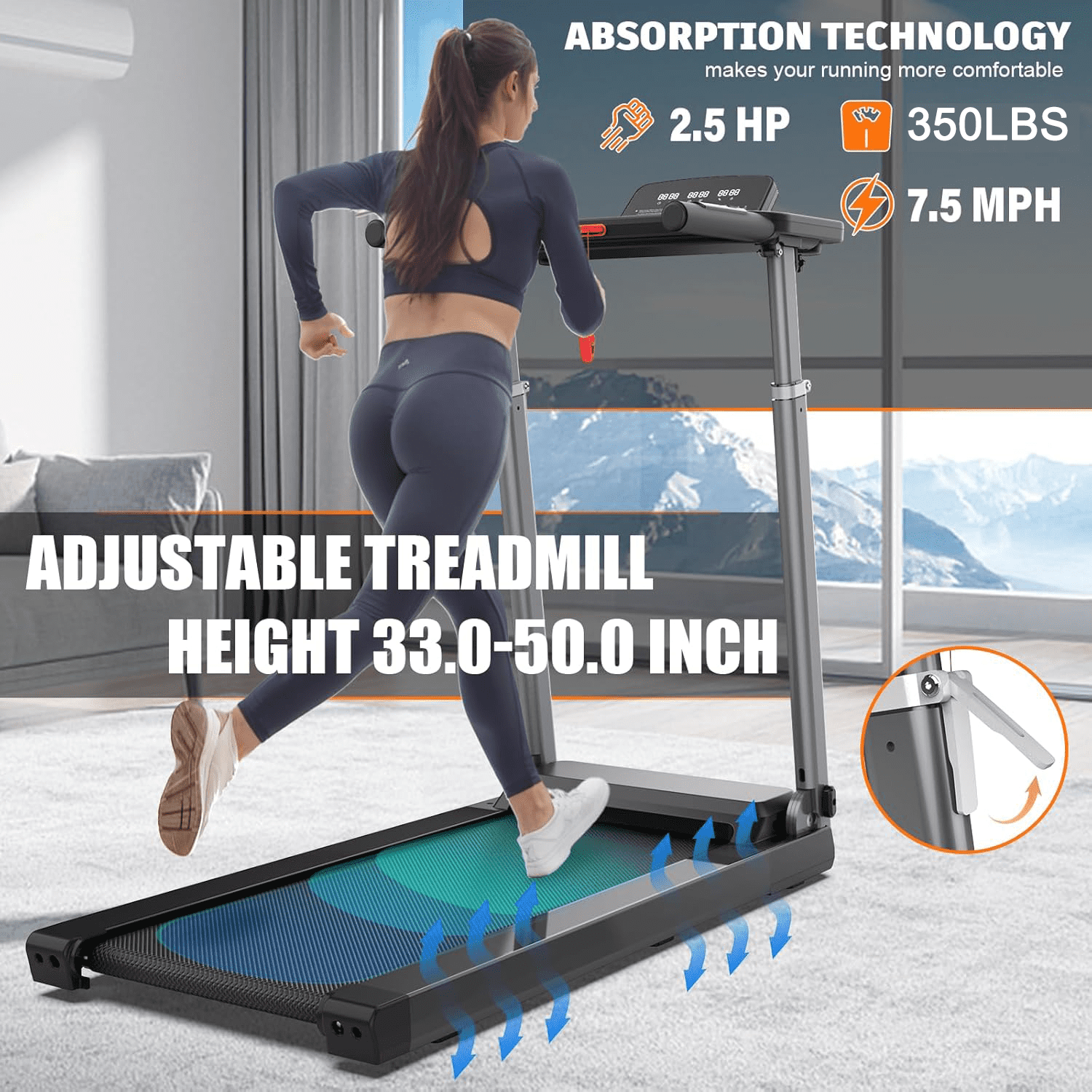 OBENSKY Foldable Treadmill with Desk Workstation & Adjustable Height, Folding Treadmill for home,Speed Range 0.6-7.5 mph,Bluetooth Speaker & App,350 LBS Weight Capacity