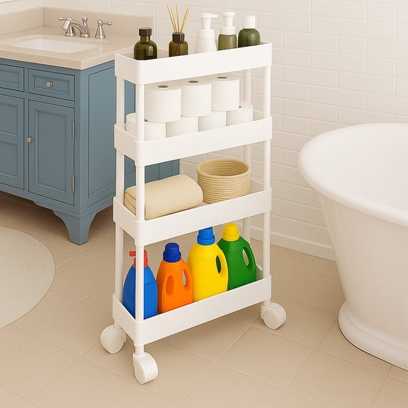 Pinksheep 4 Tier Rolling Cart, Bathroom Caddy Rolling Storage Carts Organizer Shelving Unit with Wheels, White