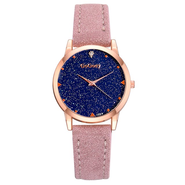Reloj de pulsera de cuarzo con correa de PU de aleación de mujer con esfera redonda y cielo estrellado de moda (rosa)