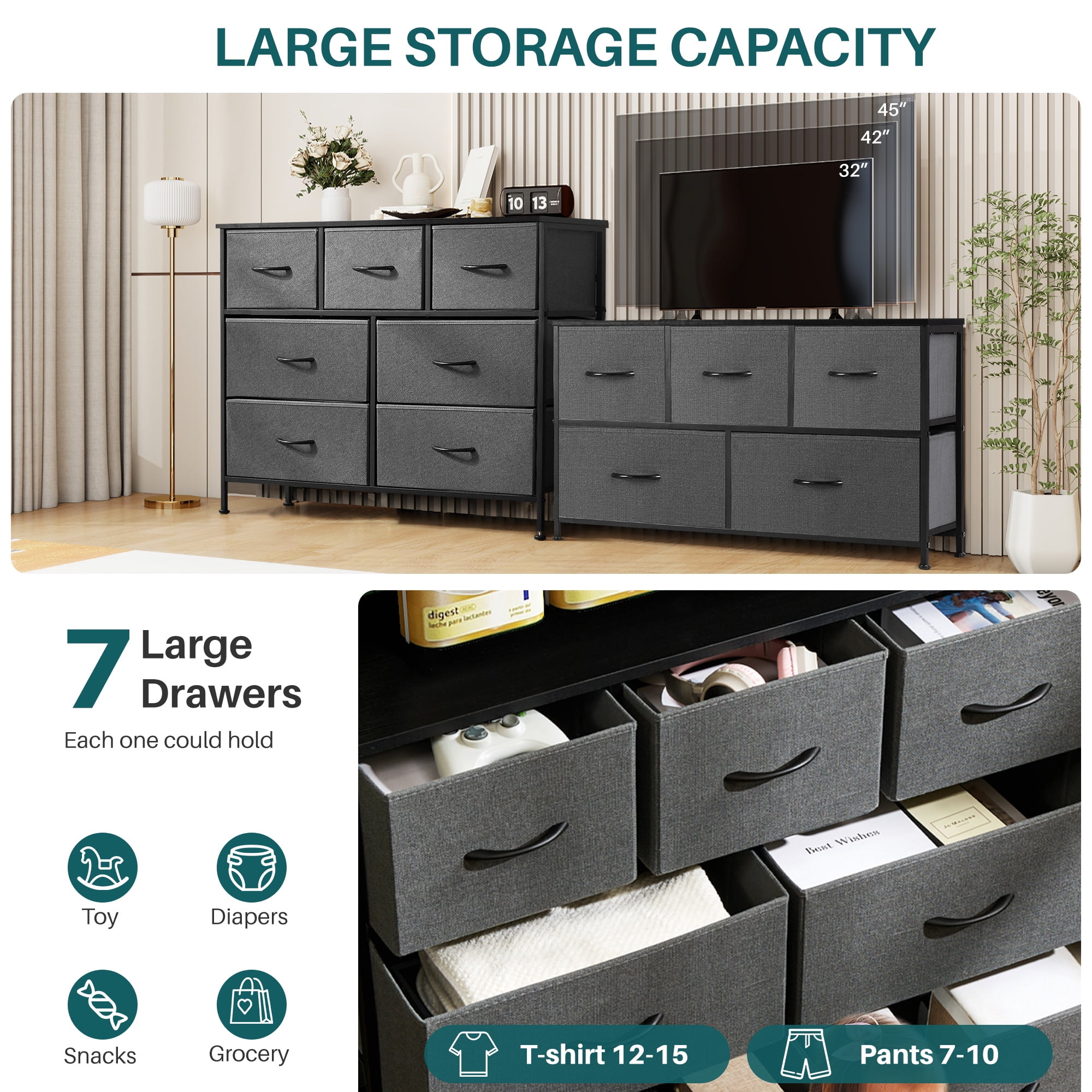 Nextay 7-Drawer Fabric Dresser TV Stand for 45" TV, Storage Dresser Closet with Steel Frame & Wooden Top for Living Room, Dressing Room, Entryway, Grey