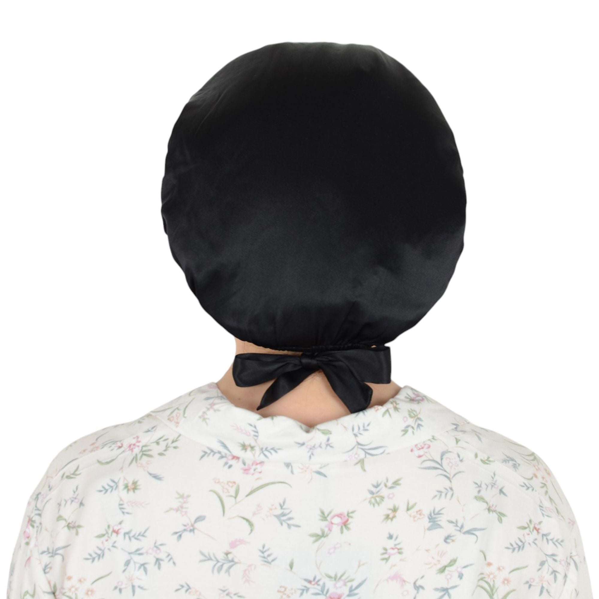 Women Satin Sleep Bonnet Adjustable Tie Back Hair Protection Cap for All Hair Types - Black