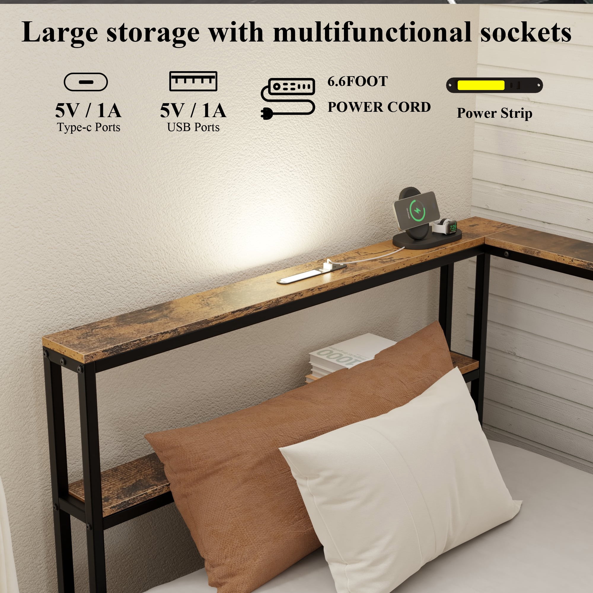 Miniyam L-Shaped Twin Bed Frame with Storage Drawers, Charging Station & Bookshelf, Metal Platform Bed