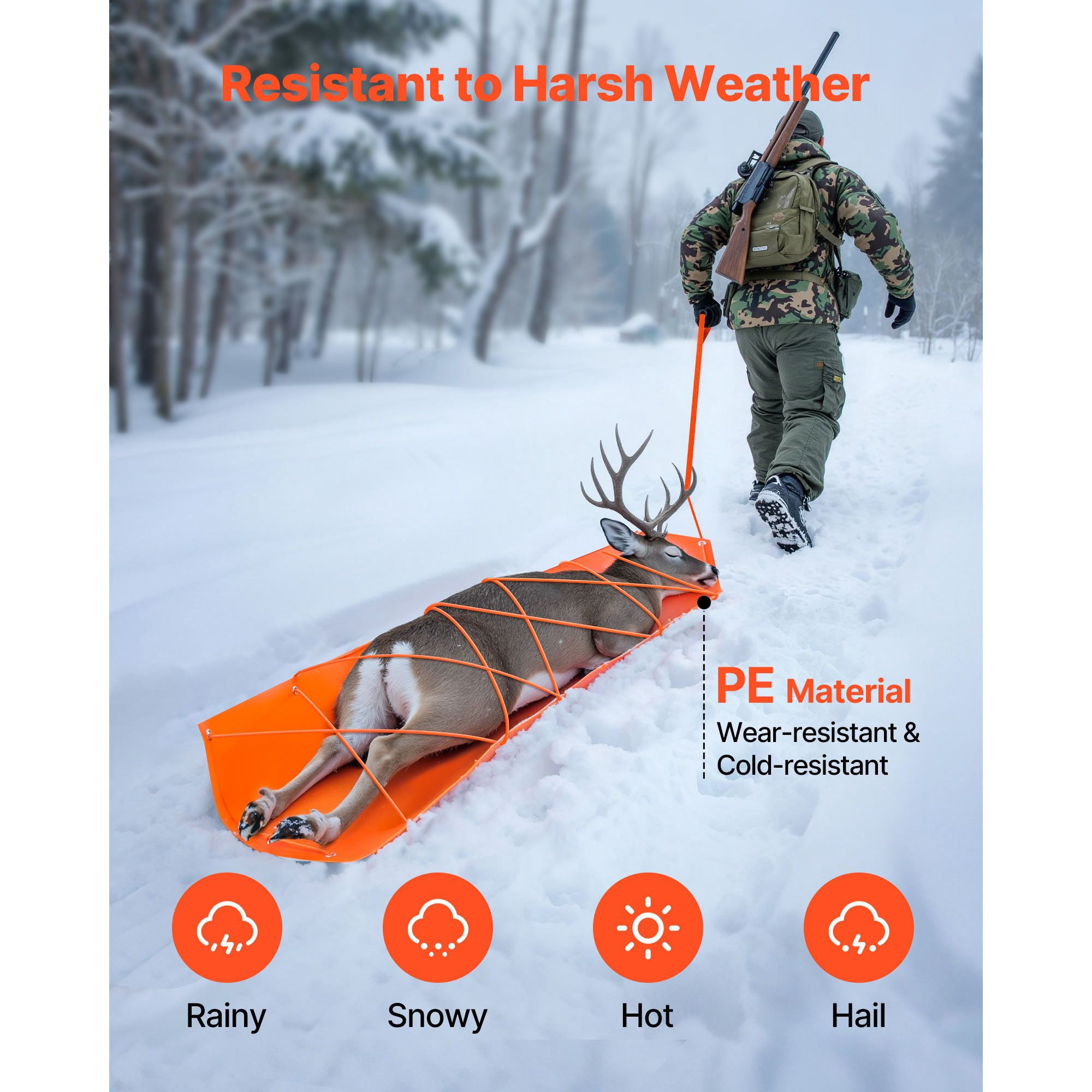 Yard Drag Sled 550 lbs Capacity Heavy-Duty PE 0.05 Inch Thickness 141 Inch Ropes Smooth Surface for Hunting Firewood Camping Gear Hauling