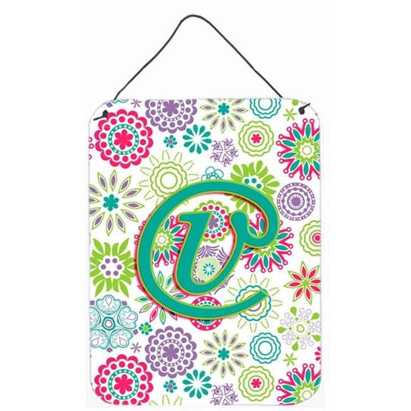 Letter V Flowers Pink Teal Green Initial Wall or Door Hanging Prints