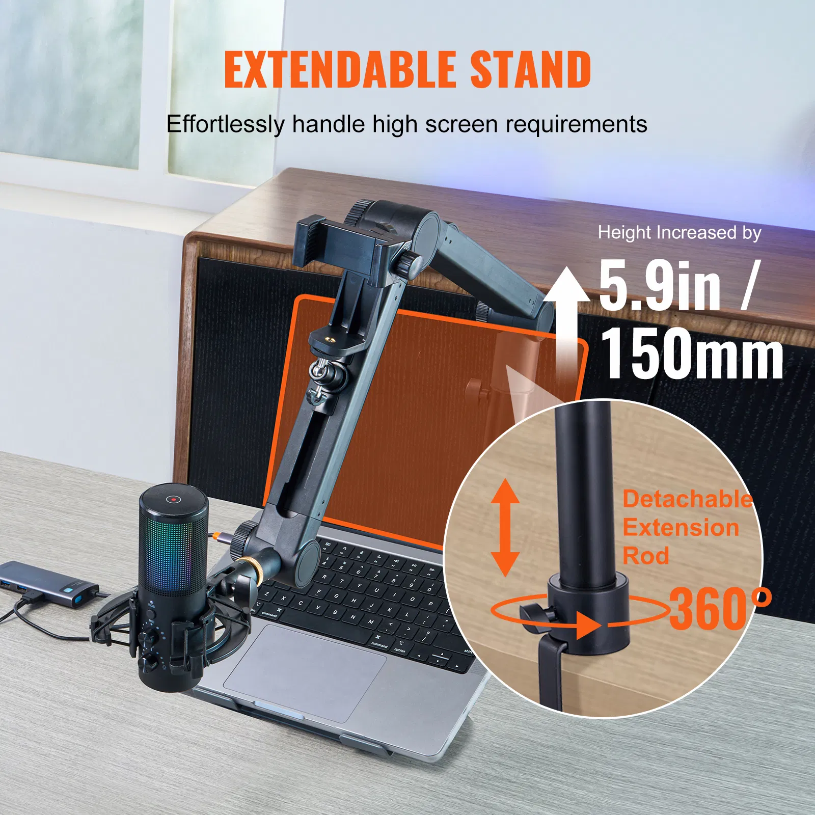 Adjustable Desk-Mounted Microphone Arm with 360° Rotation,Universal Adapter,and Headphone Holder for Blue Yeti,HyperX Quadcast,and More