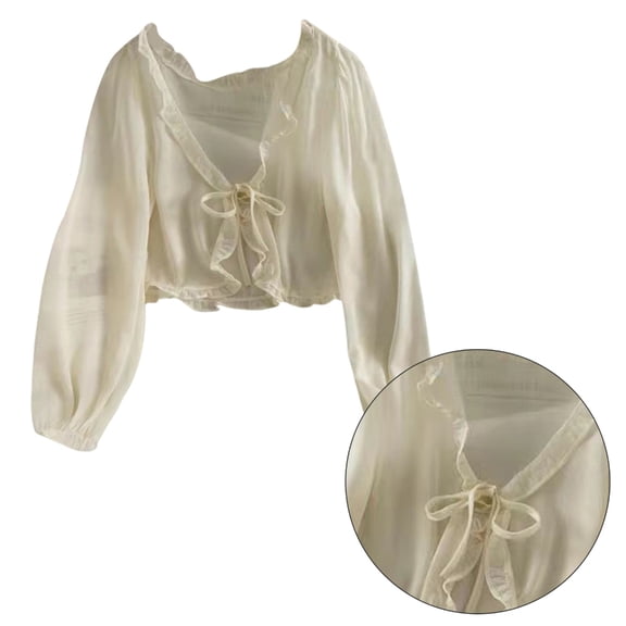 Tie Front Loose Cropped Cardigans for Women Puff Long Sleeve V Neck Ruffle Trim Lightweight Shrug Shawl
