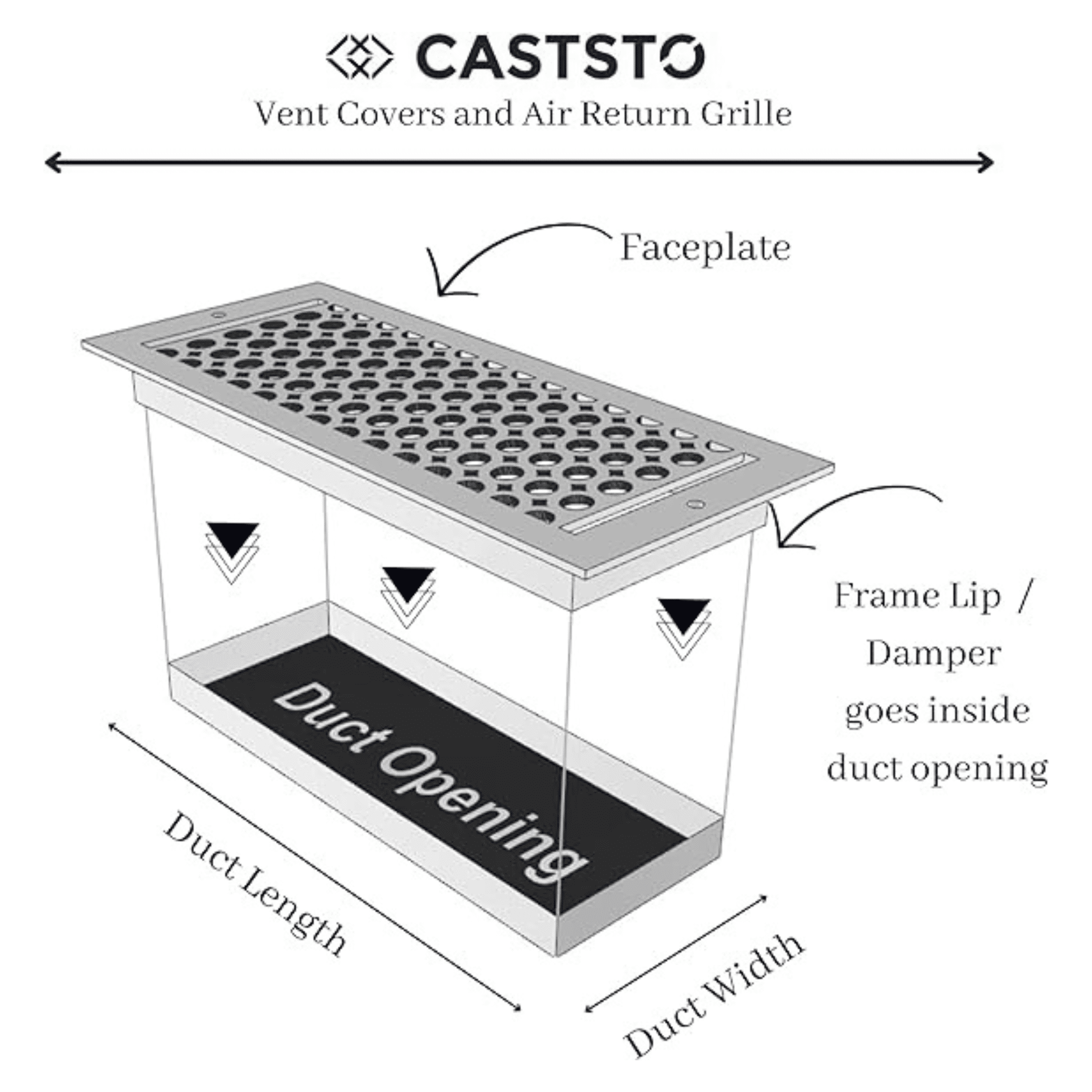 2"x10" (Duct Opening) Cast Aluminum | All Metal | Walkable | Heavy Duty | Floor Register with Air Control Feature, Overall (Overall 4"x12") By Caststo- Model Express, No Holes