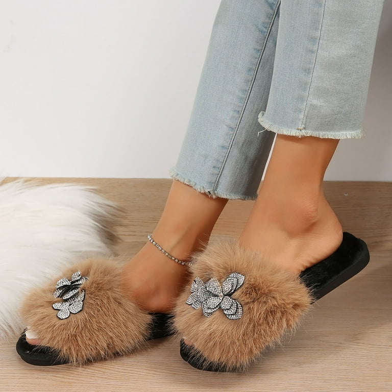 GHSOHS Open Toe Fuzzy Slippers for Women Fall Winter Indoor