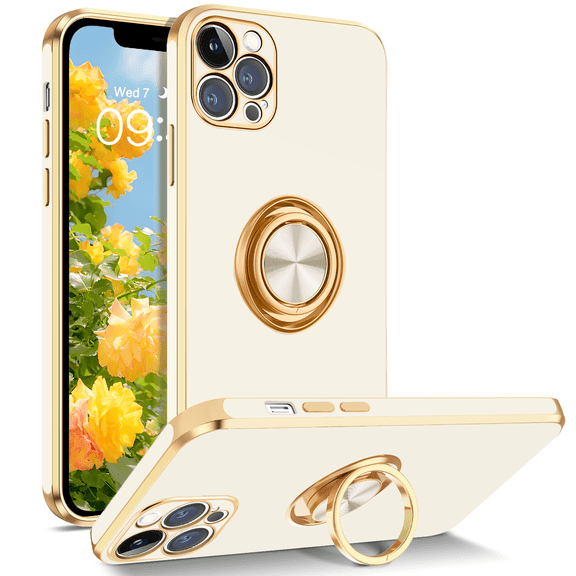 TELASO Case for iPhone 12 Pro Case with Stand 360°Magnetic Rotatable Ring Holder Kickstand Soft Microfiber Lining Plating Rose Gold Edge Shockproof Protective Phone Cases White