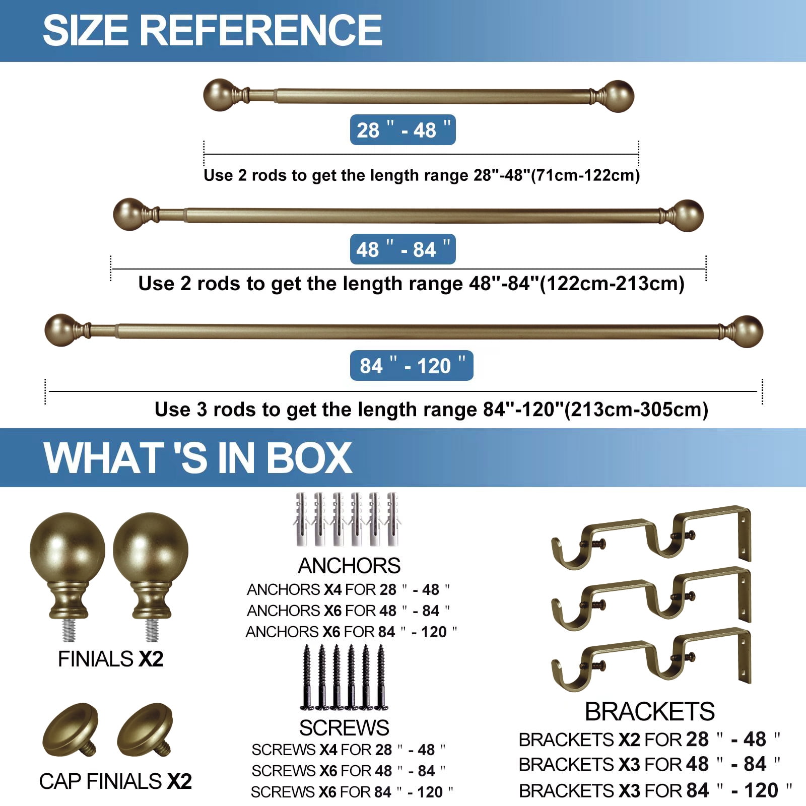 Urbanest Adjustable Double Curtain Rod Set Metal with Decorative Ball Finials, Heavy-Duty, 28"-48", Antique Gold
