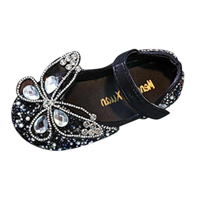 NOKIO Girls Dance Shoes Princess Performance Spring Summer Sparkly 𝖱hinestone Pearl Sequin Bow Hook-Loop Comfortable Flats for Little Girls