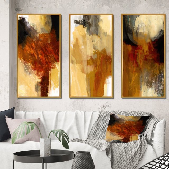 Designart "Mysteries of Terra Rosa - Earth's Intrigue I" Abstract Framed Wall Art Set Of 3 - Brown Modern Frame Canvas Set For Living Room Decor