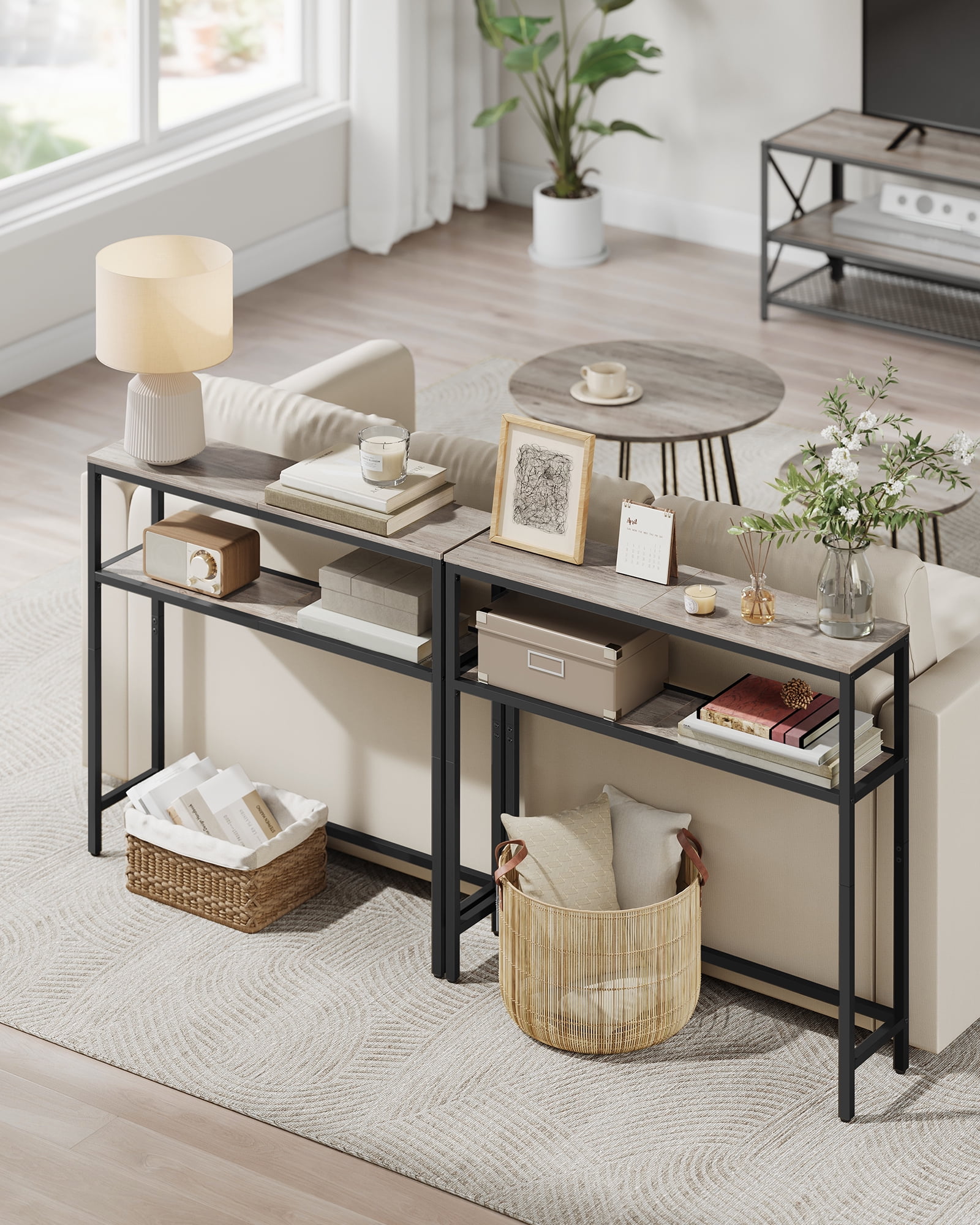 VASAGLE Console Table, 2-Tier Narrow Sofa Table with 2 Shelves, 7.9 x 31.5 x 31.5 Inches, Heather Greige and Ink Black