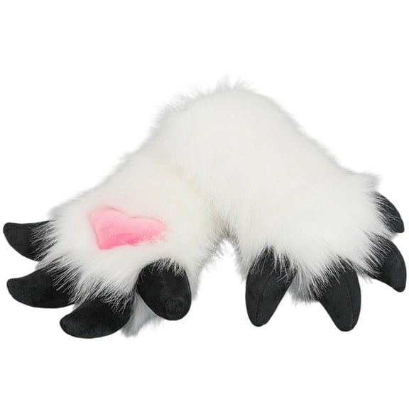 Byfri White Furry Dragon Paw Full Finger Mittens, Plush Anime Gloves for Themed Events, White 38x20cm