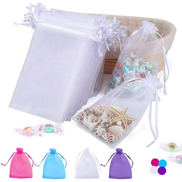 PinesC 100PCS 4x6 Inch Organza Gift Bags for Jewelry Party Wedding Favor, Premium Sheer Gift Drawstring Pouch Candy Bags(White)