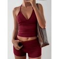 thumbnail image 4 of Women 2 Piece Workout Sets Seamless Ribbed Crop Tank High Waist Shorts Yoga Outfits Wine Red S, 4 of 7