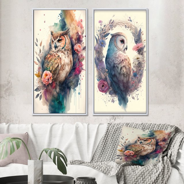 Designart "Adorable Owls Among Flowers II" Owl Framed Wall Art Set Of 2 - Multicolor Animals Framed Canvas Set For Living Room Decor
