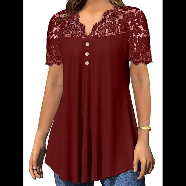 Blusas Tipo Túnica de Talla Grande para Mujer, de Corta, con Cuello en V, Plisadas y Botones de Encaje. Rojo Vino XL