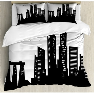 Singapore Duvet Cover Set Queen Size, Silhouette of the Buildings in Monochrome Style Busy Urban Vibes, Decorative 3 Piece Bedding Set with 2 Pillow Shams, Charcoal Grey and White, by Ambesonne
