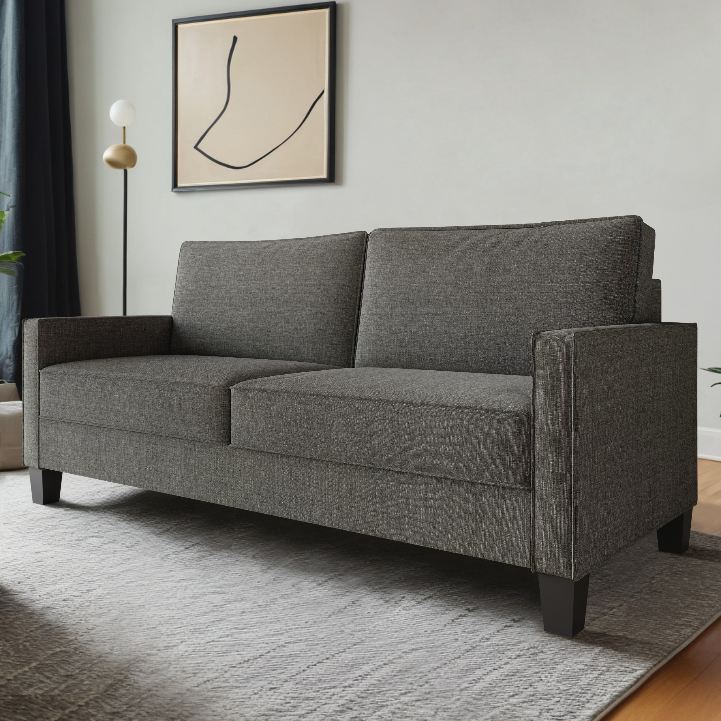 Home Design Marcia 2-Piece Square Arm Living Room Set with Loveseat and Sofa, Modern Upholstery and Black Legs, Gray