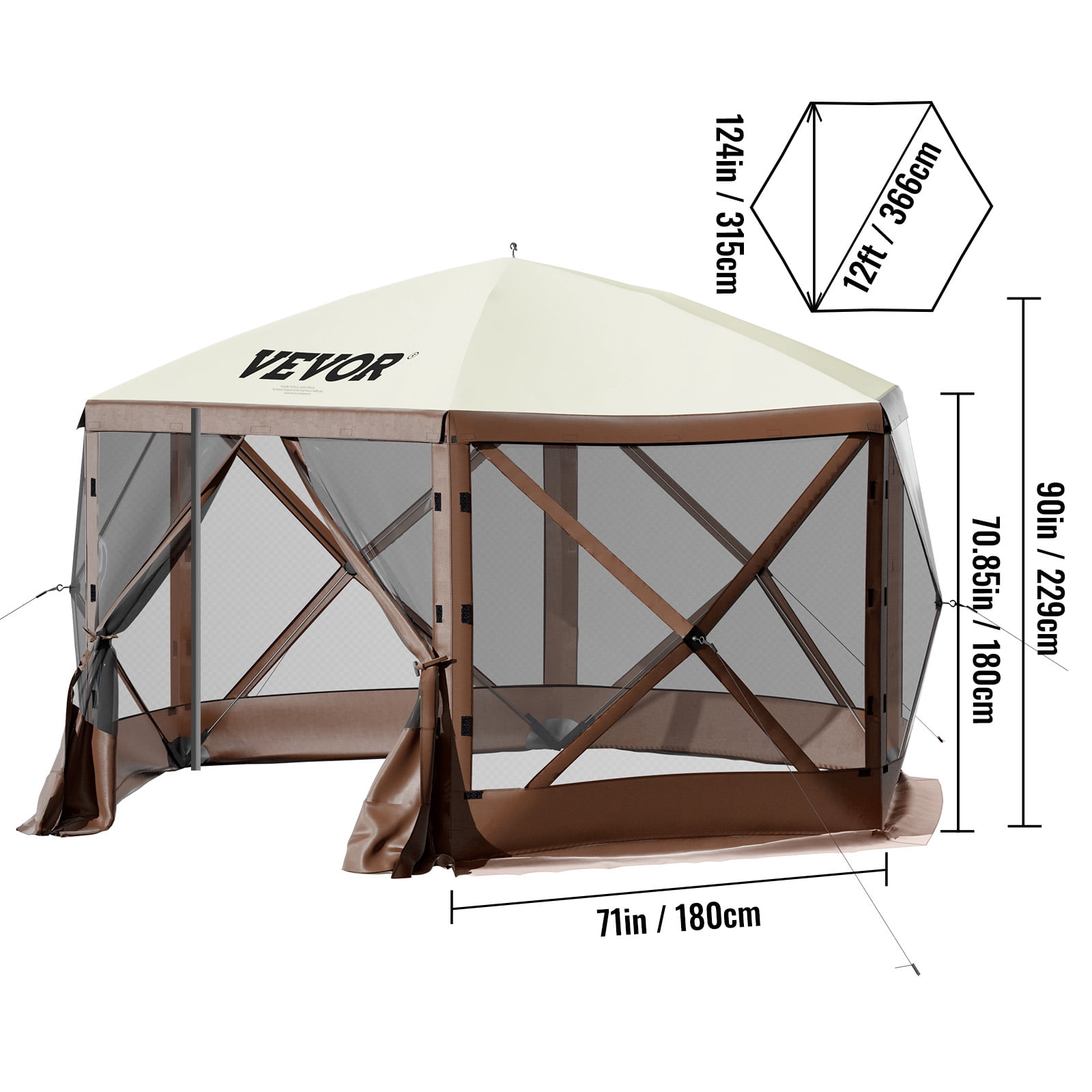 VEVOR Gazebo Screen Tent, 12 x 12 ft, 6 Sided Pop-up Camping Canopy Shelter Tent with Mesh Windows, Portable Carry Bag, Ground Stakes, Large Shade Tents for Outdoor Camping, Lawn and Backyard