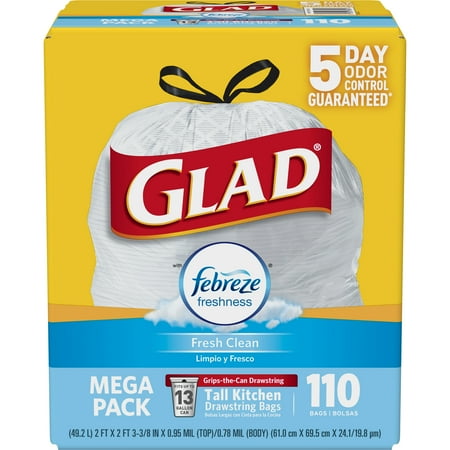 Glad Tall Kitchen Drawstring Trash Bags - OdorShield 13 gal Grey Trash Bag, Febreze Fresh Clean - 110 (Best Kitchen Garbage Bags)