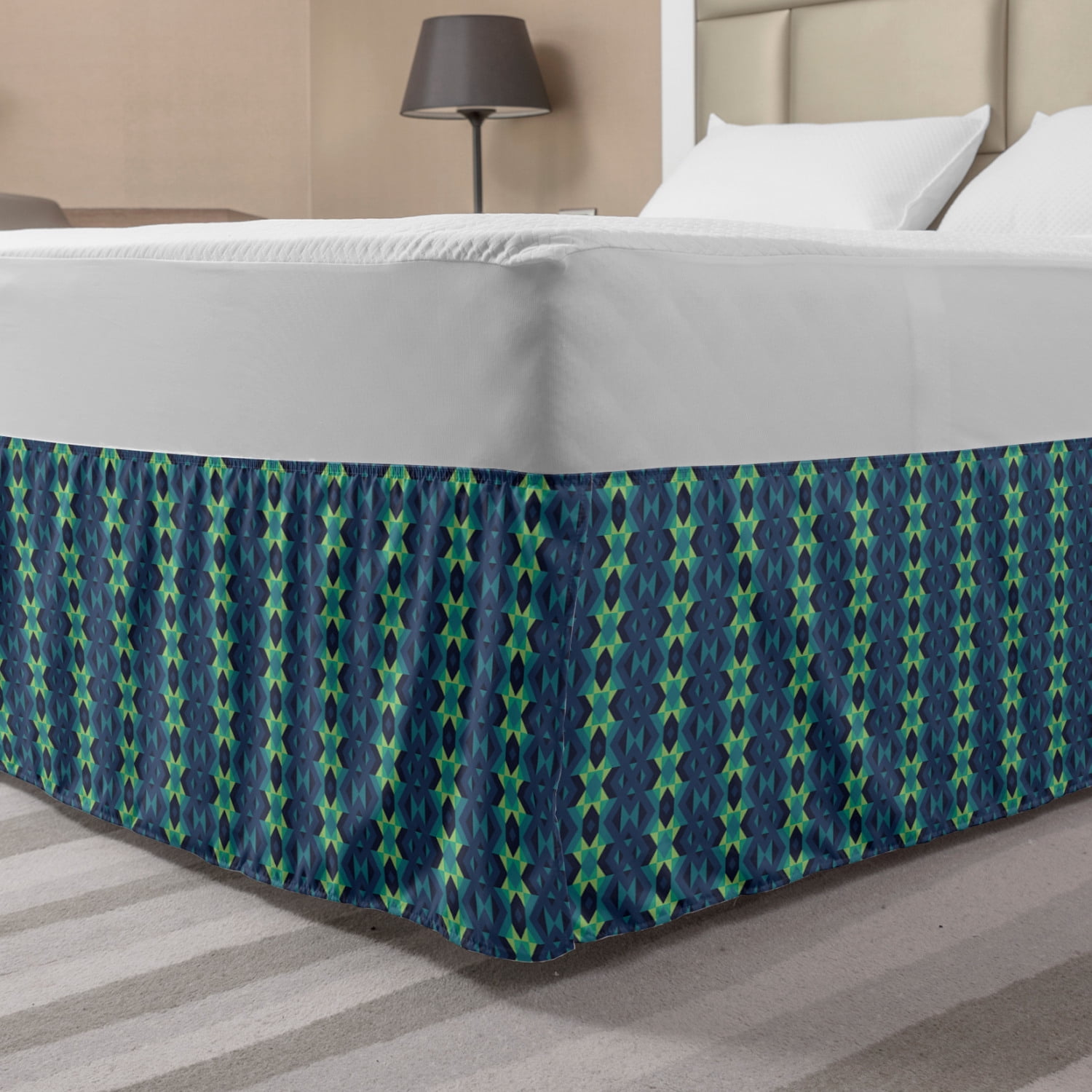 Blue and Green Bed Skirt, Symmetric Geometric Vertical Borders with Zig