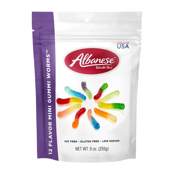 (Price/Case)Albanese World's Best 53381 Albanese World's Best 12 Flavor Gummi Worms Stand Up Resealable Gusset 9 Ounce - 6 Per Case