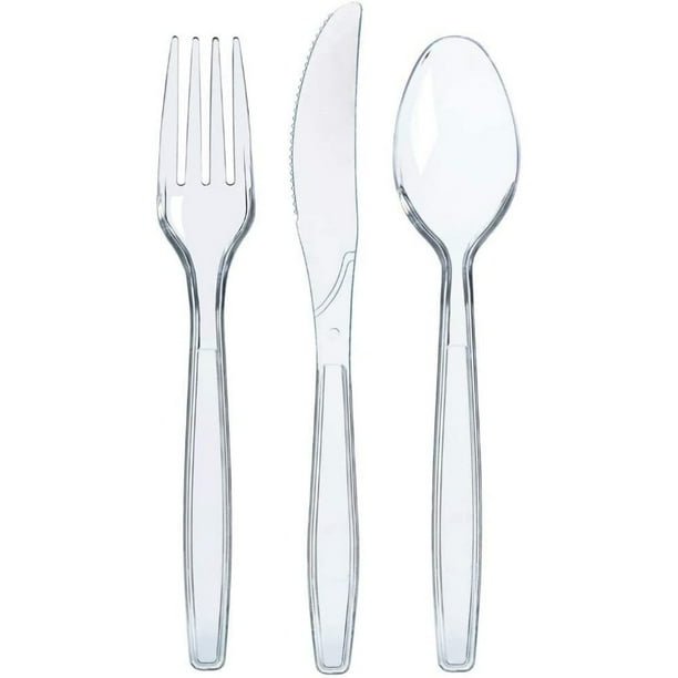 Juego de cubiertos de plástico transparente 300 | Utensilios de plástico desechables | 100 tenedores de plástico, 100 cucharas de plástico, 100 cuchillos de plástico | Juego de cubiertos de plástico