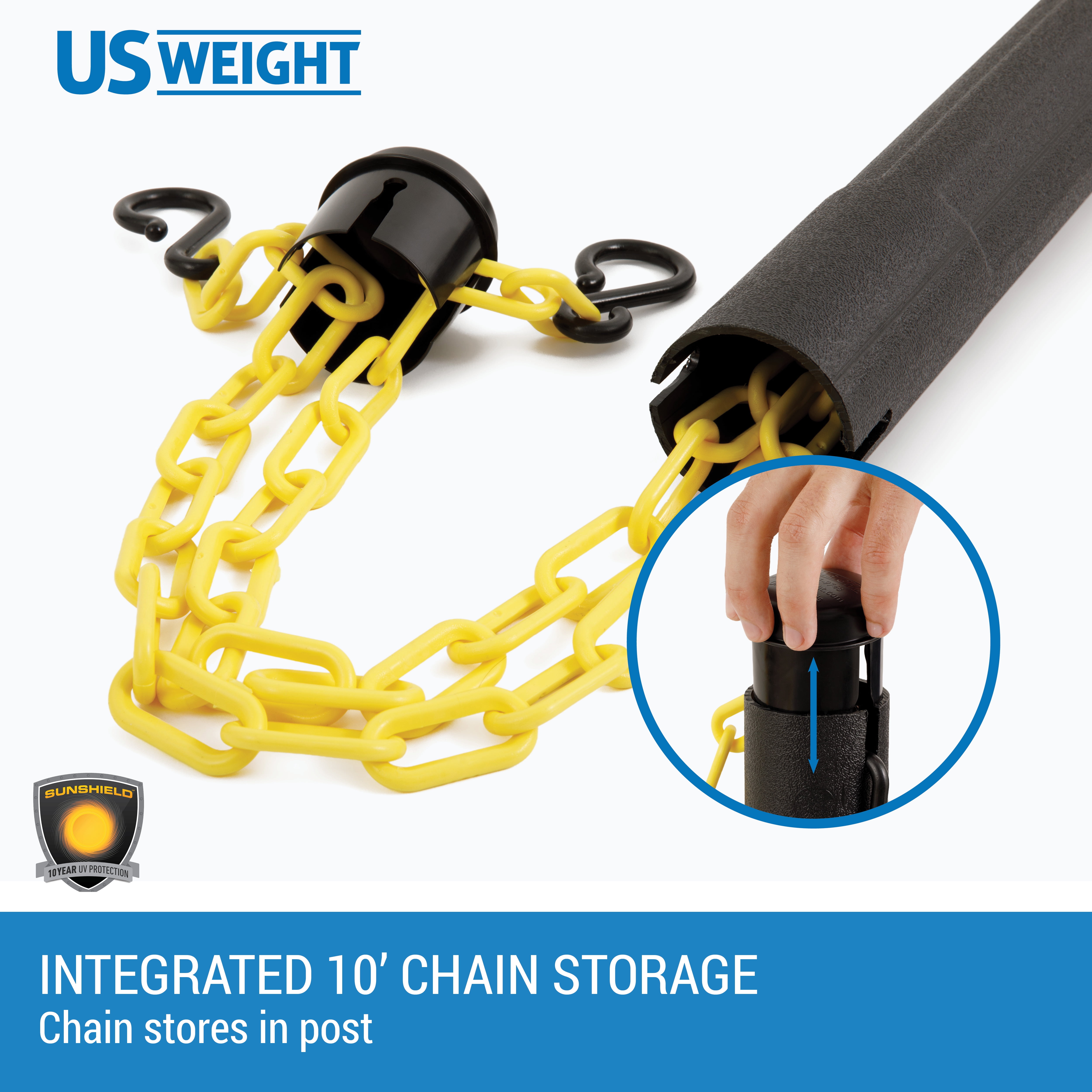 ChainBoss Heavy Duty Weighted Black Plastic Stanchions Crowd Control Barriers With 10' of Yellow Plastic Chain Kit (2-Pack)
