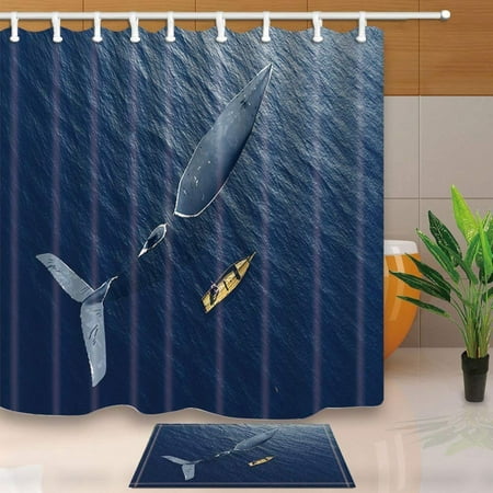 WOPOP Nautical Adventure Decor Mechanical Whale with Boat Floating in the Ocean Shower Curtain 66x72 inches with Floor Doormat Bath Rugs 15.7x23.6