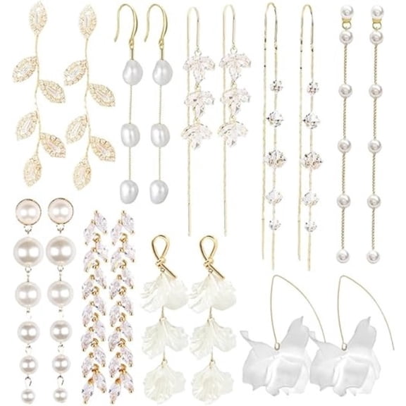 9 Pairs Elegant Dangle Earrings Set for Women, CZ & Pearl Threader Earrings with Chain Tassel, Olive Leaf Design for Wedding Party Gift