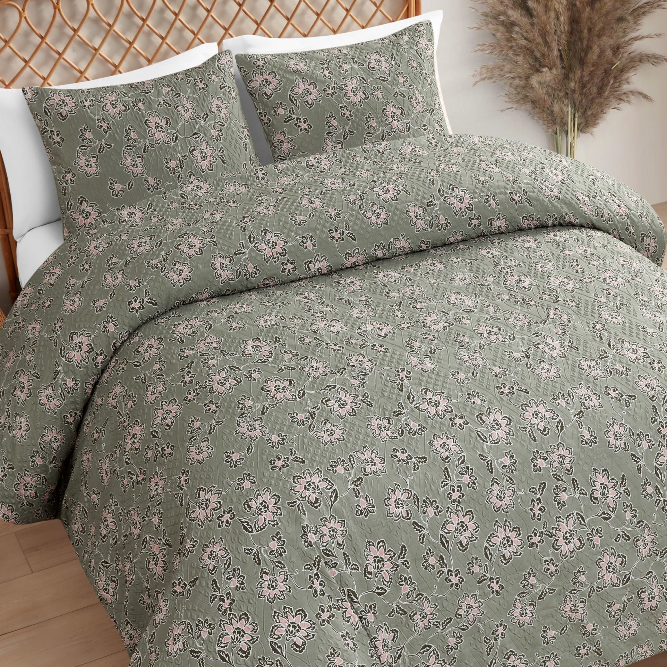 Jessica Simpson Botanical Embossed Sage Green Duvet Cover Set Queen/Full Size - 3 Piece Set