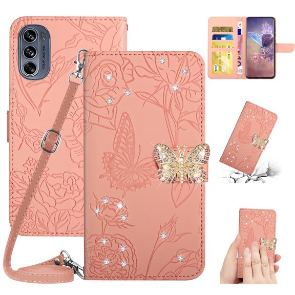 SaniMore Case for Motorola Moto G62 5G 6.5" 2022, [Crossbody/Wrist Lanyard] PU Leather Embossed Butterfly [Diamond Clasp] Card Slots Kickstand Shockproof Glitter Wallet Shell, Pink