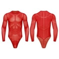 thumbnail image 1 of Miaeowve Men's Sheer Mesh Long Sleeve Bodysuit Rhinstone High Cut T-back Leotard Muscle Undershirt Red XXL, 1 of 7