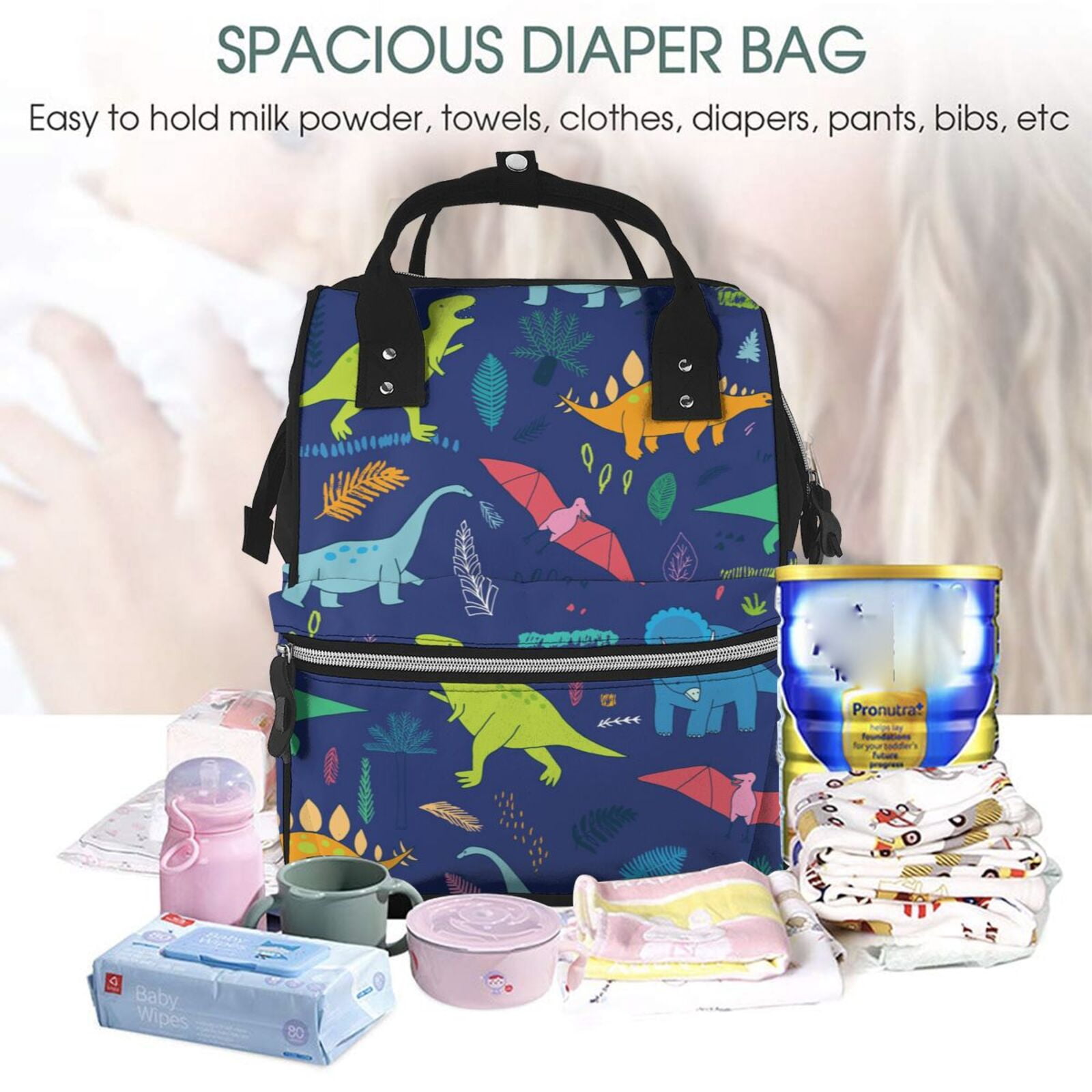 Ratiio Dinosaurs Mummy Backpack - Waterproof Twill Canvas, Large Capacity Diaper Bag with Multiple Pockets and Adjustable Straps