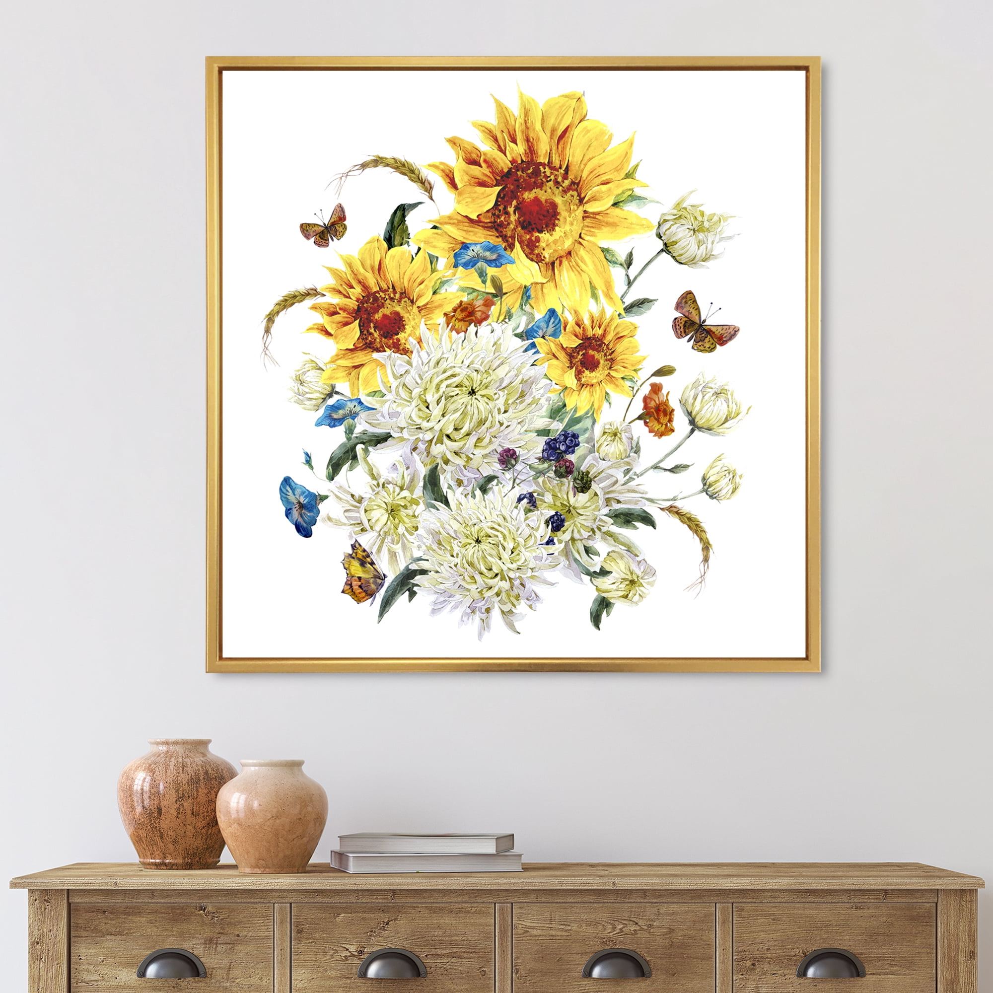 Designart 'Ancient Chrysanthemums and Sunflowers' Traditional Framed Canvas Wall Art Print