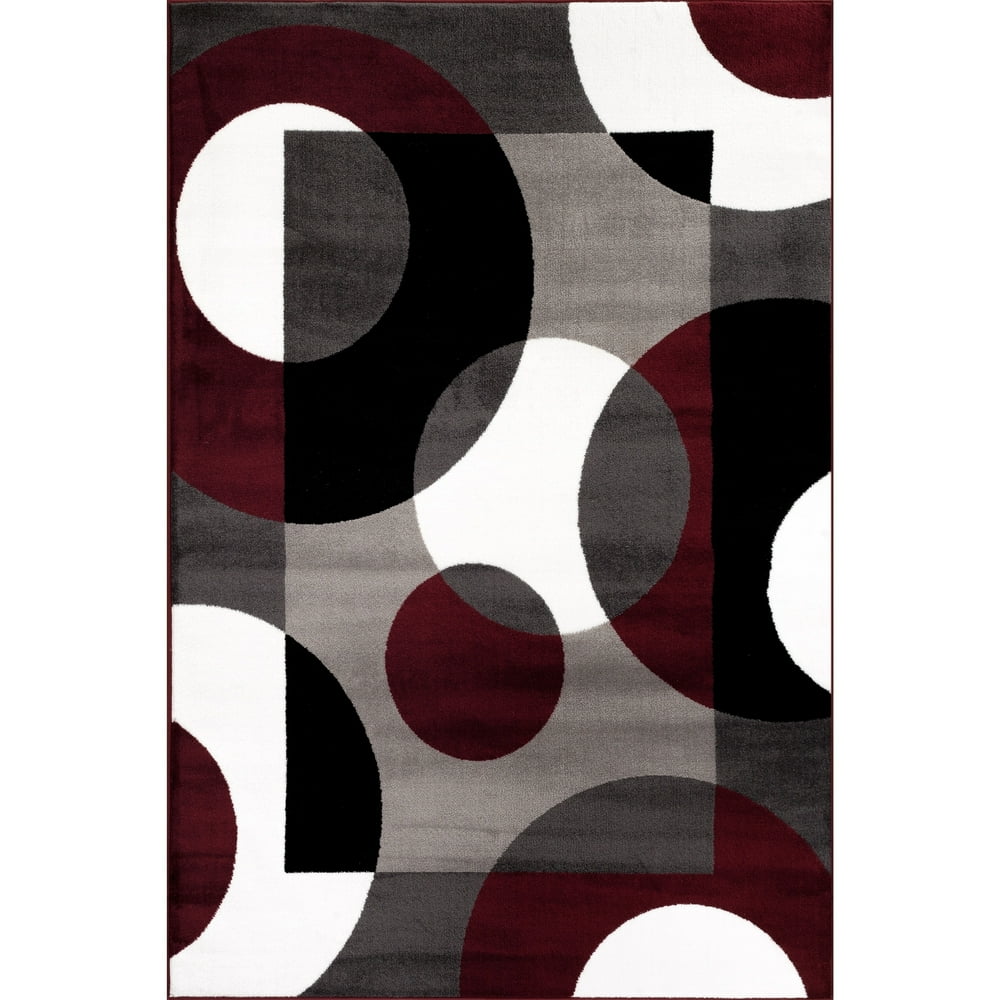 Modern Geometric Burgundy, Black, White, and Grey Area Rug or Runner