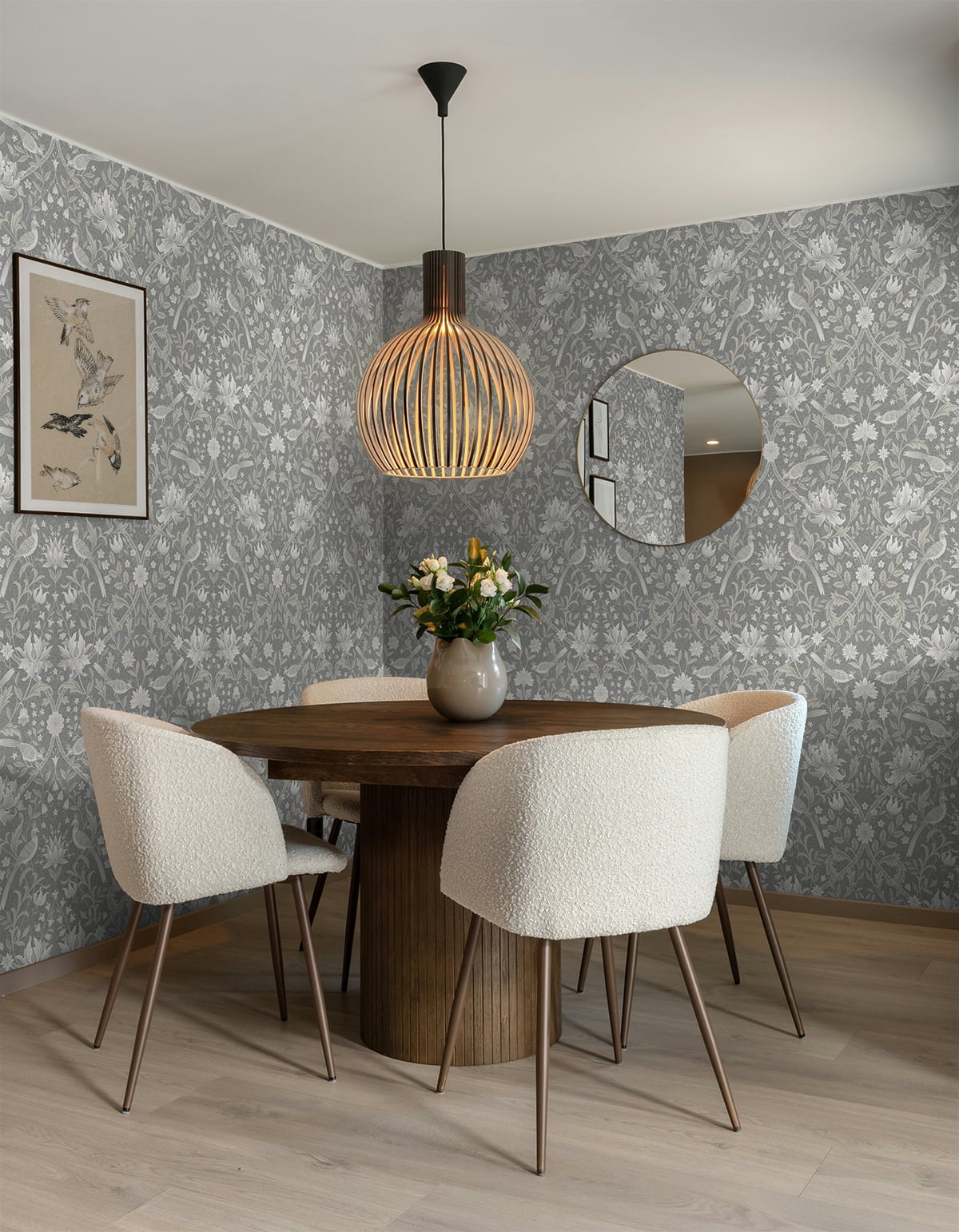 NextWall Grey Vintage Bird Ogee Peel and Stick Wallpaper - 20.5 in. W x 18 ft. L Roll