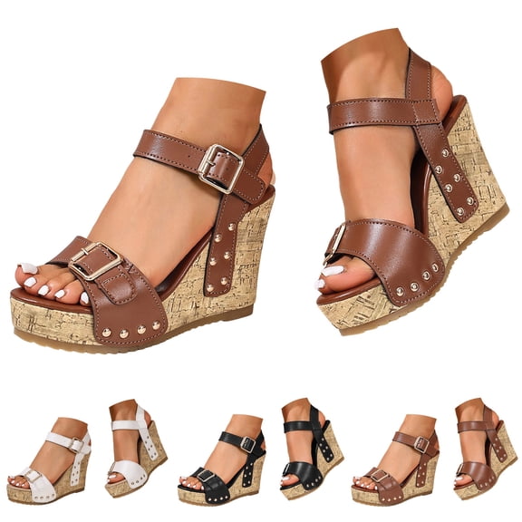 Dakaela Women's Platform Wedge Sandals Open Toe Ankle Strap Summer Dressy Shoes Cork Slip on Wedding Party Dressy High Heeled Sandal Size 6-10 Beige
