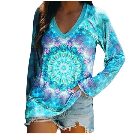 

Women Plus Size Sweatshirts V-Neck Long Sleeve Tie Dye Gradient Casual Top Blouse Loose Comfy Lightweight Shirt Pullover