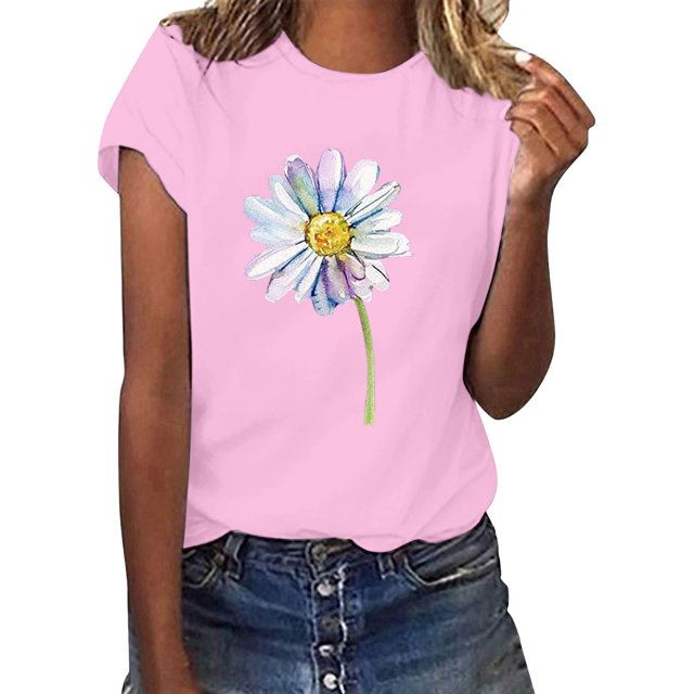 Hauts d'Été pour Femmes, Blouses Décontractées Élégantes 2024, T-Shirts à Manches Courtes Imprimés, Col Rond, Ample, Rose