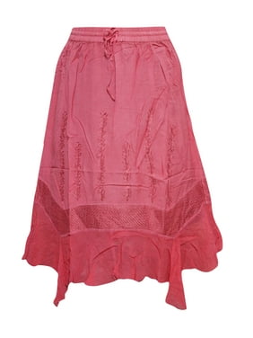 Mogul Women's A- Line Skirt Pink Embroidered Medieval Rayon Skirts