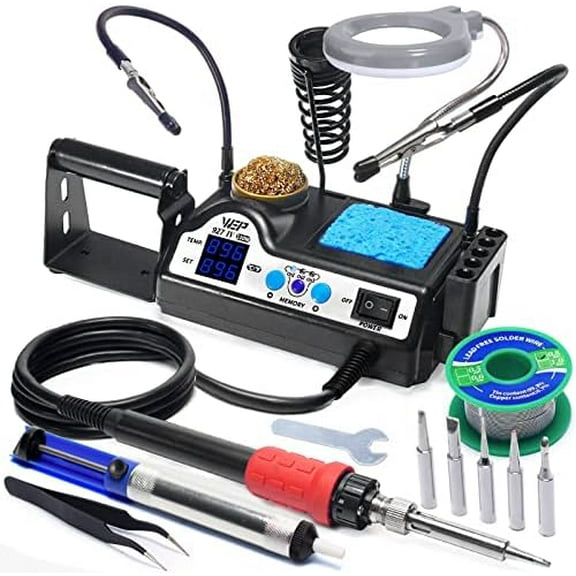 927-IV Soldering Station Kit High-Power 110W with 3 Preset Channels, Sleep Mode, LED Magnifier, 5 Extra Iron Tips, Tip Cleaner, 2 Helping Hands, Tip Storage Slots, Lead-free Solder Wire, Tweezers