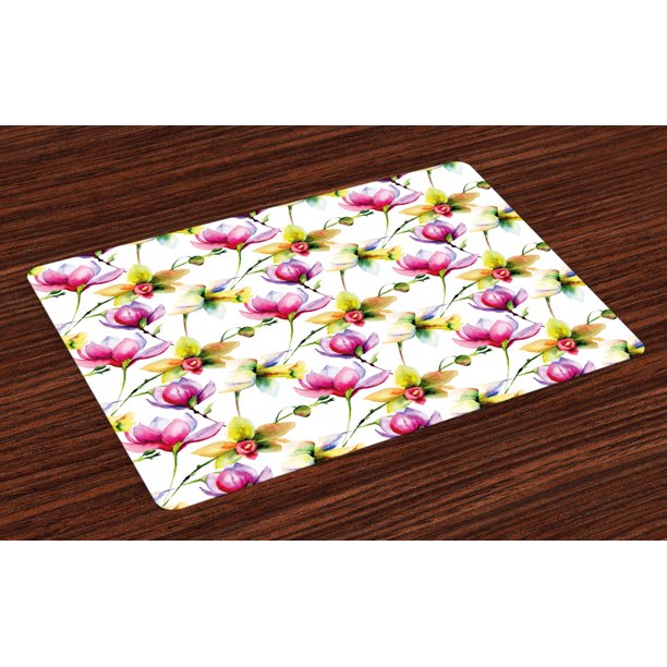 Floral Placemats Set of 4 Blurry Hazy Toned Vibrant Magnolia Flower